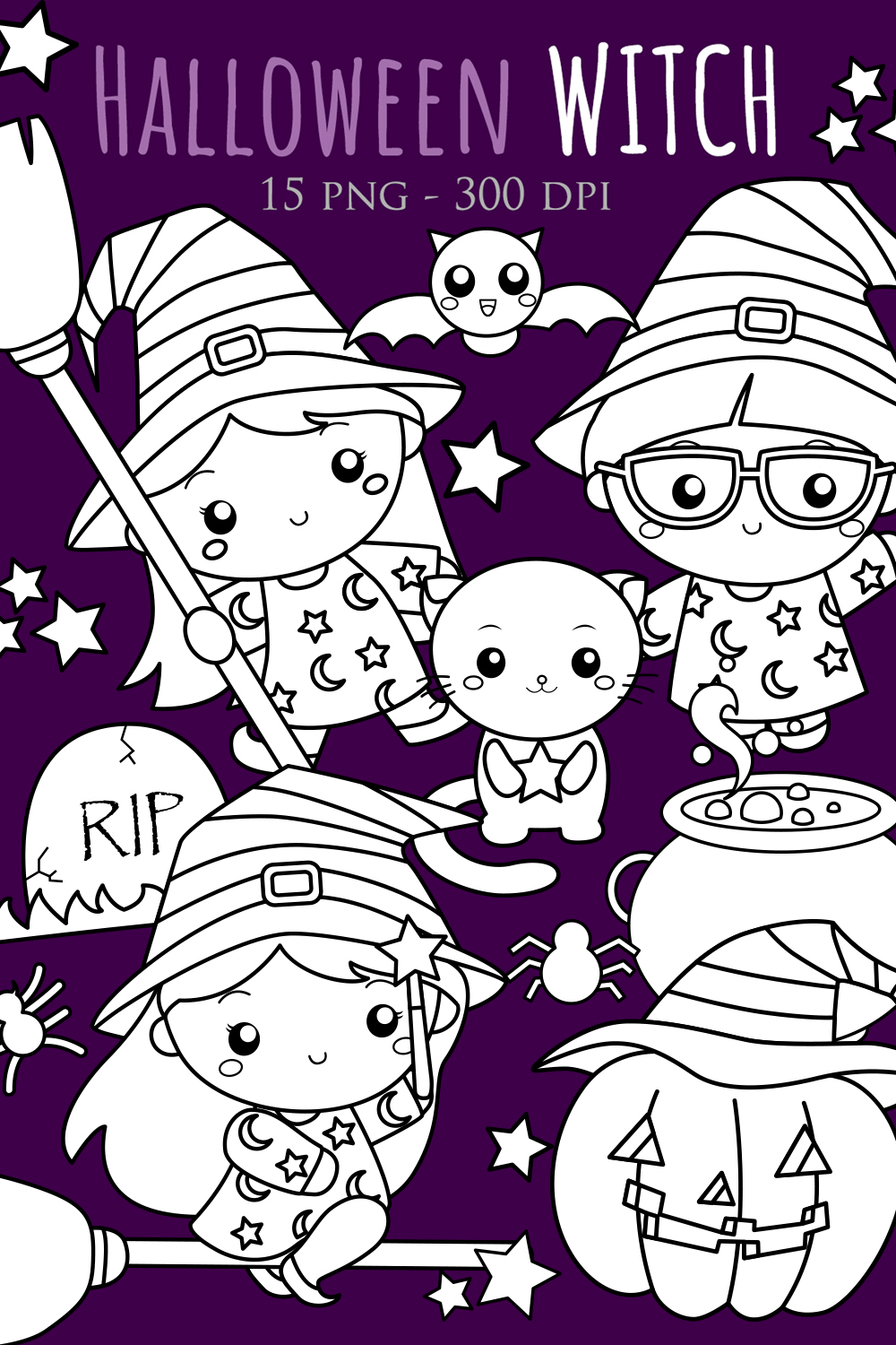 Cute Halloween Witch Girl Kids Costume Character Animal Cat Spider Bat Hot Pot Potion Ornaments Accessories Party Celebration Cartoon Digital Stamp Outline pinterest preview image.