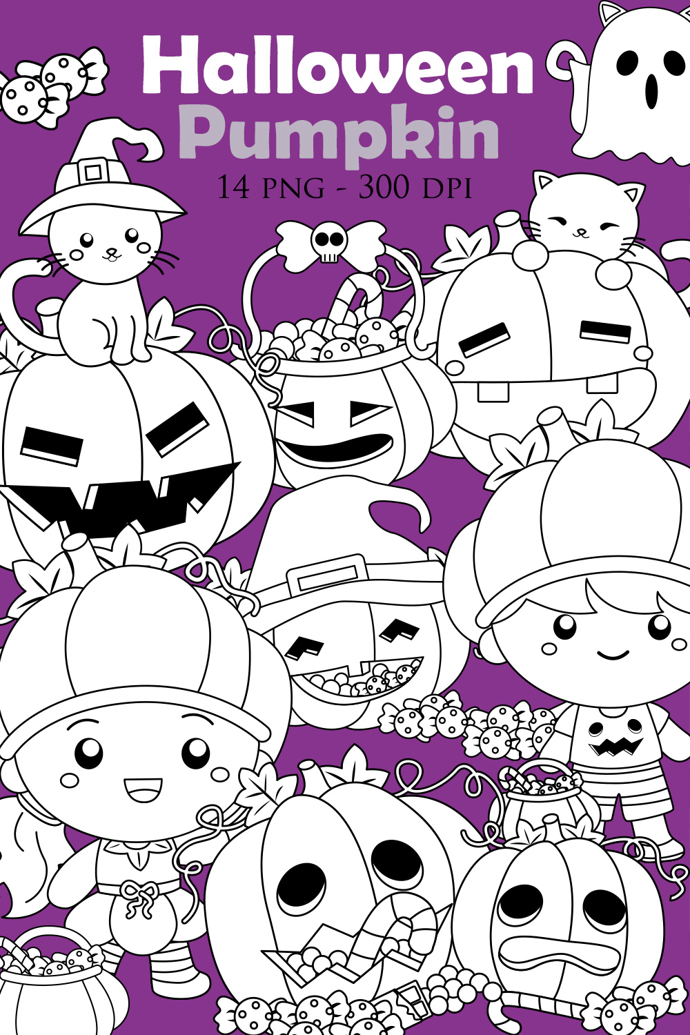 Cute Halloween Pumpkin Costume Character Kids Ornaments Accessories Party Celebration Cartoon Digital Stamp Outline pinterest preview image.