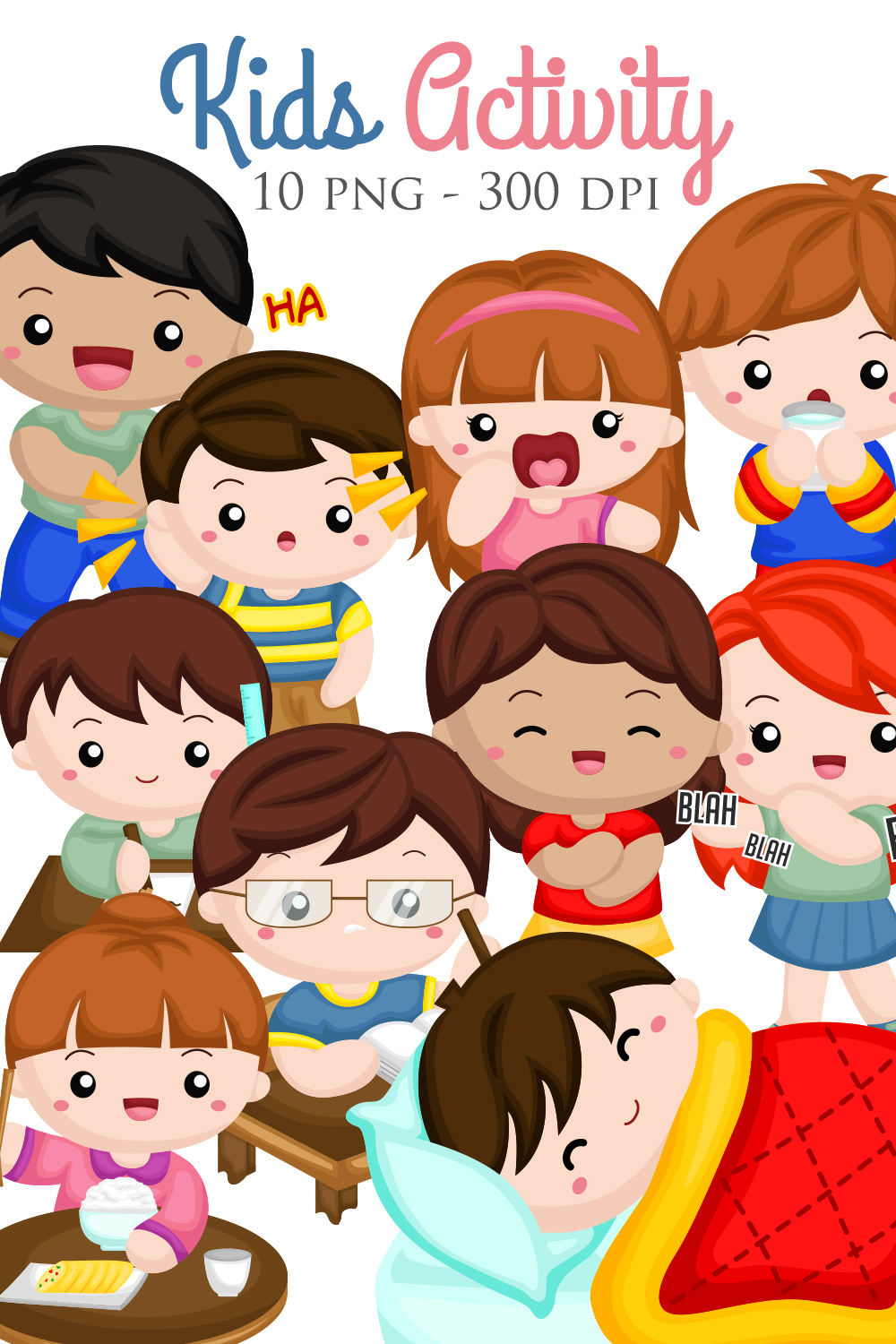 Cute Kids Activity Girl Boy Daily Routine Expression Laughing Happinnes Conversation Communication Talking Sleeping Calling Yelling Angry Crying Sad Upset Listening Studying Learning Writting Drawing Learning Drinking Eating School Cartoon Illustration Vector Clipart Sticker Background Decoration pinterest preview image.