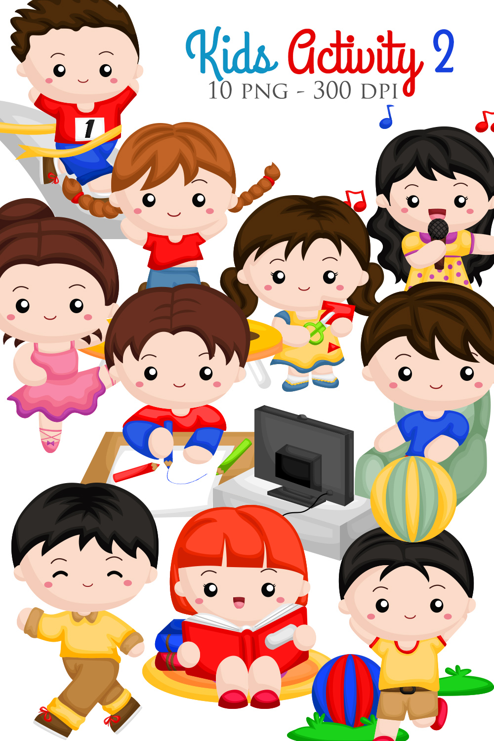 Cute Kids Activity Girl Boy Daily Routine Sport Reading Book Trampoline Playing Ball Crafting Music Singing Singer Watching Televisioon Relax Ballerina Ballet Drawing Learning Studying Study School Winner Champion Running Walking Cartoon Illustration Vector Clipart Sticker Decoration Background pinterest preview image.