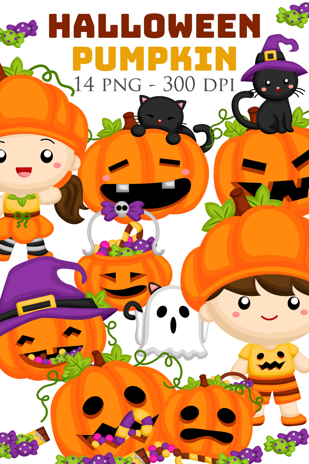 Cute Halloween Pumpkin Costume Character Kids Ornaments Accessories Party Celebration Cartoon Illustration Vector Clipart Sticker Decoration Background pinterest preview image.