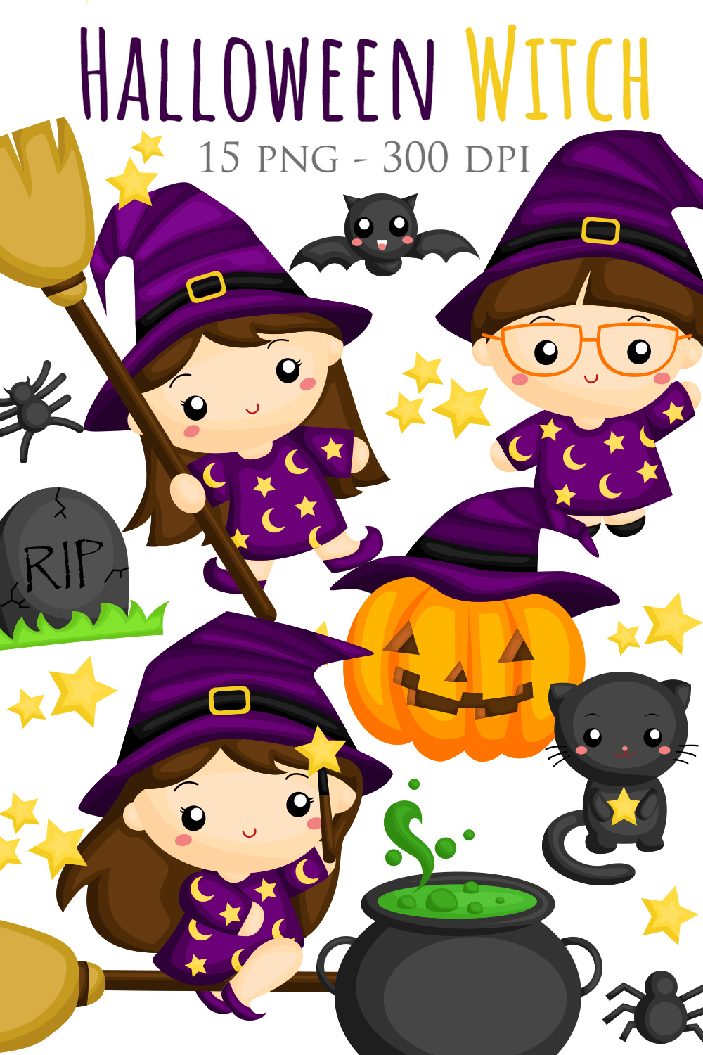 Cute Halloween Witch Girl Kids Costume Character Animal Cat Spider Bat Hot Pot Potion Ornaments Accessories Party Celebration Cartoon Illustration Vector Clipart Sticker Decoration Background pinterest preview image.