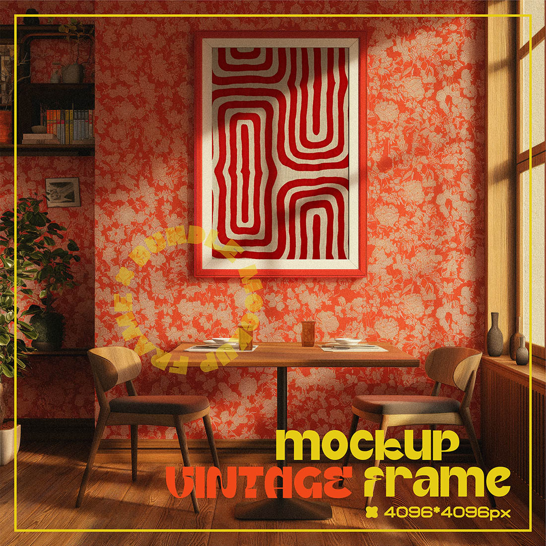 Red Dining Room Mockup – Stylish and Vintage Interior Scene for Art and Poster Presentations cover image.