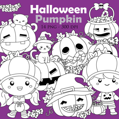 Cute Halloween Pumpkin Costume Character Kids Ornaments Accessories Party Celebration Cartoon Digital Stamp Outline cover image.