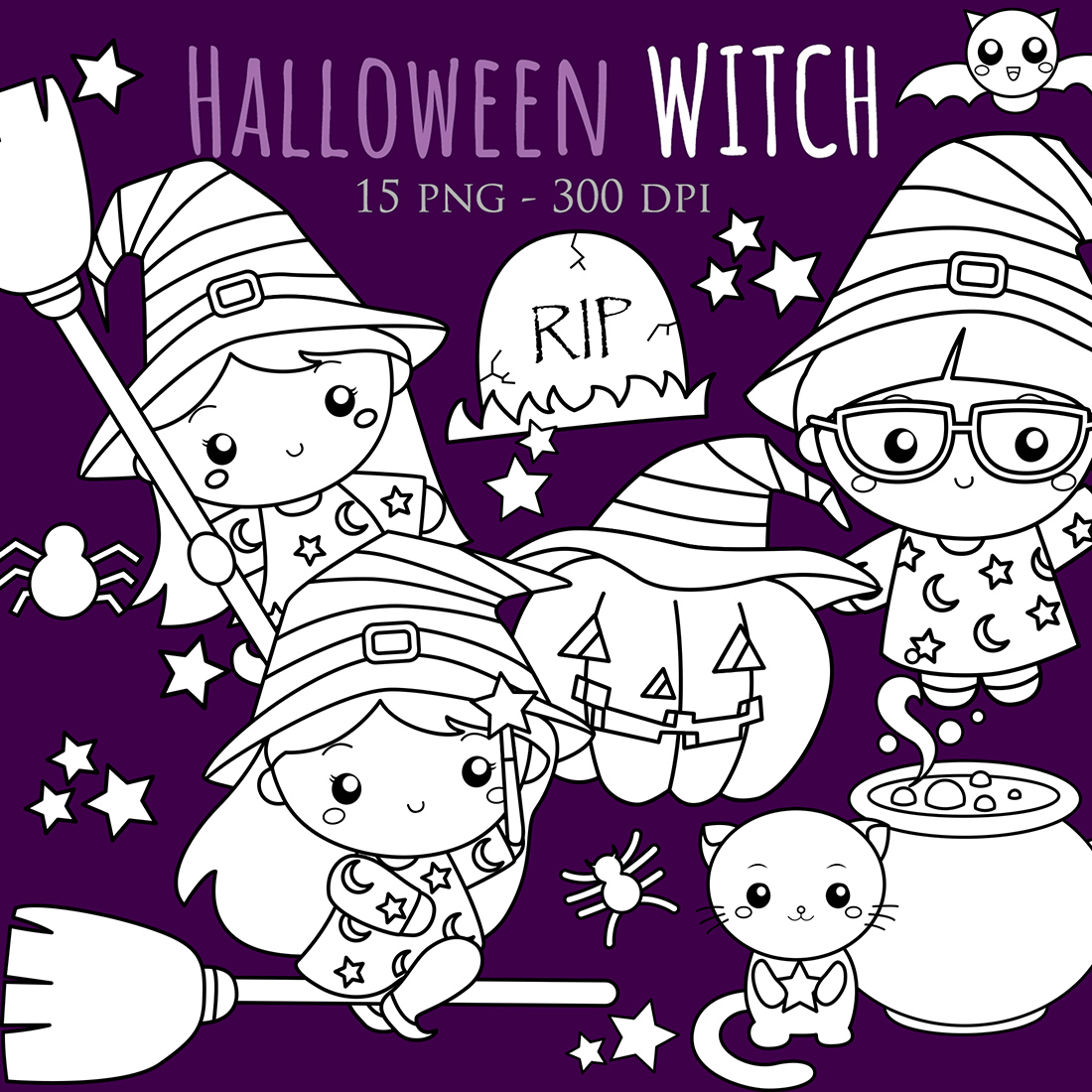 Cute Halloween Witch Girl Kids Costume Character Animal Cat Spider Bat Hot Pot Potion Ornaments Accessories Party Celebration Cartoon Digital Stamp Outline cover image.