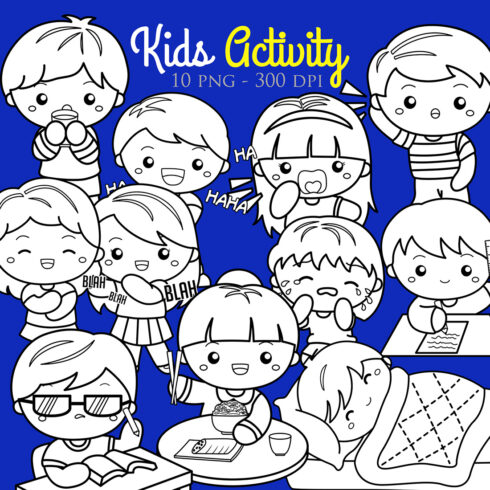 Cute Kids Activity Girl Boy Daily Routine Expression Laughing Happinnes Conversation Communication Talking Sleeping Calling Yelling Angry Crying Sad Upset Listening Studying Learning Writting Drawing Learning Drinking Eating School Cartoon Digital Stamp Outline Black and White cover image.