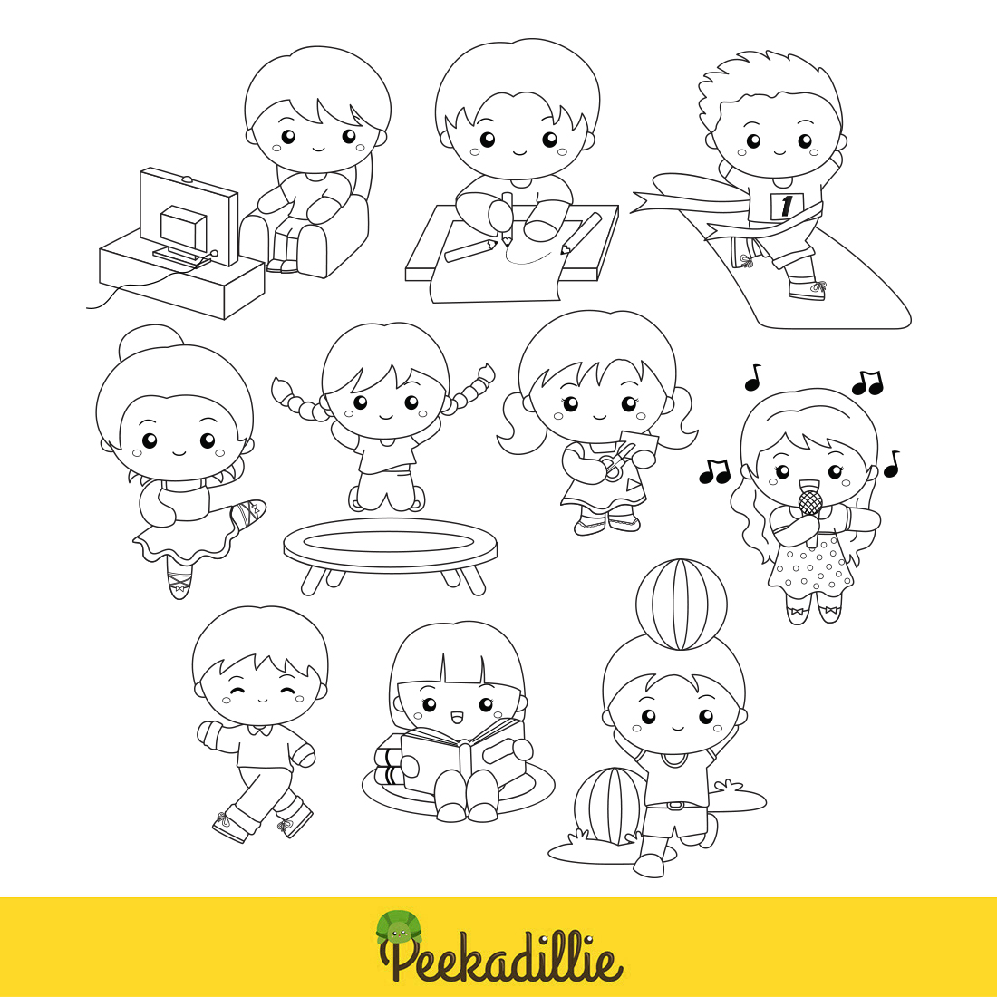 Cute Kids Activity Girl Boy Daily Routine Sport Reading Book Trampoline Playing Ball Crafting Music Singing Singer Watching Televisioon Relax Ballerina Ballet Drawing Learning Studying Study School Winner Champion Running Walking Cartoon Digital Stamp Outline preview image.