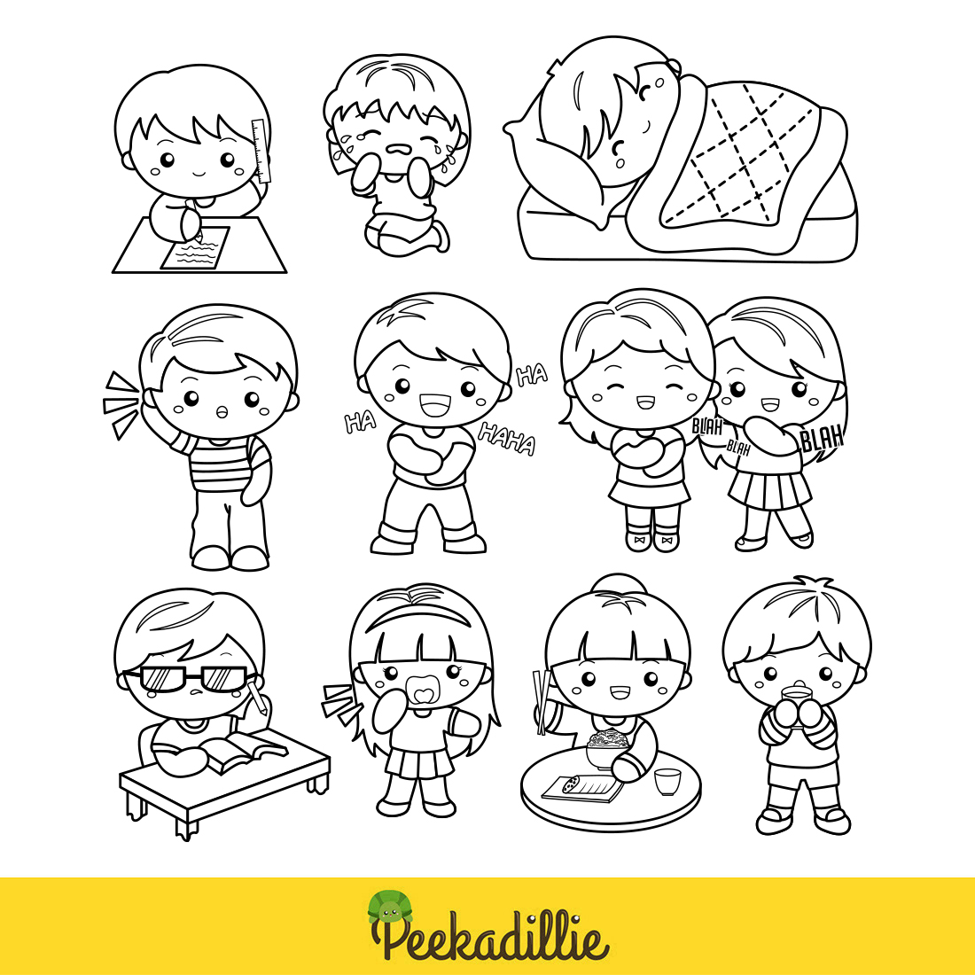 Cute Kids Activity Girl Boy Daily Routine Expression Laughing Happinnes Conversation Communication Talking Sleeping Calling Yelling Angry Crying Sad Upset Listening Studying Learning Writting Drawing Learning Drinking Eating School Cartoon Digital Stamp Outline Black and White preview image.