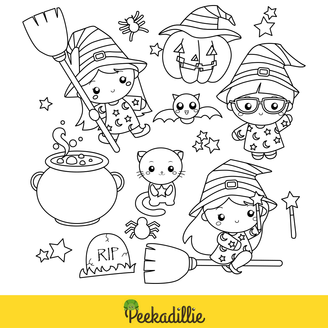 Cute Halloween Witch Girl Kids Costume Character Animal Cat Spider Bat Hot Pot Potion Ornaments Accessories Party Celebration Cartoon Digital Stamp Outline preview image.