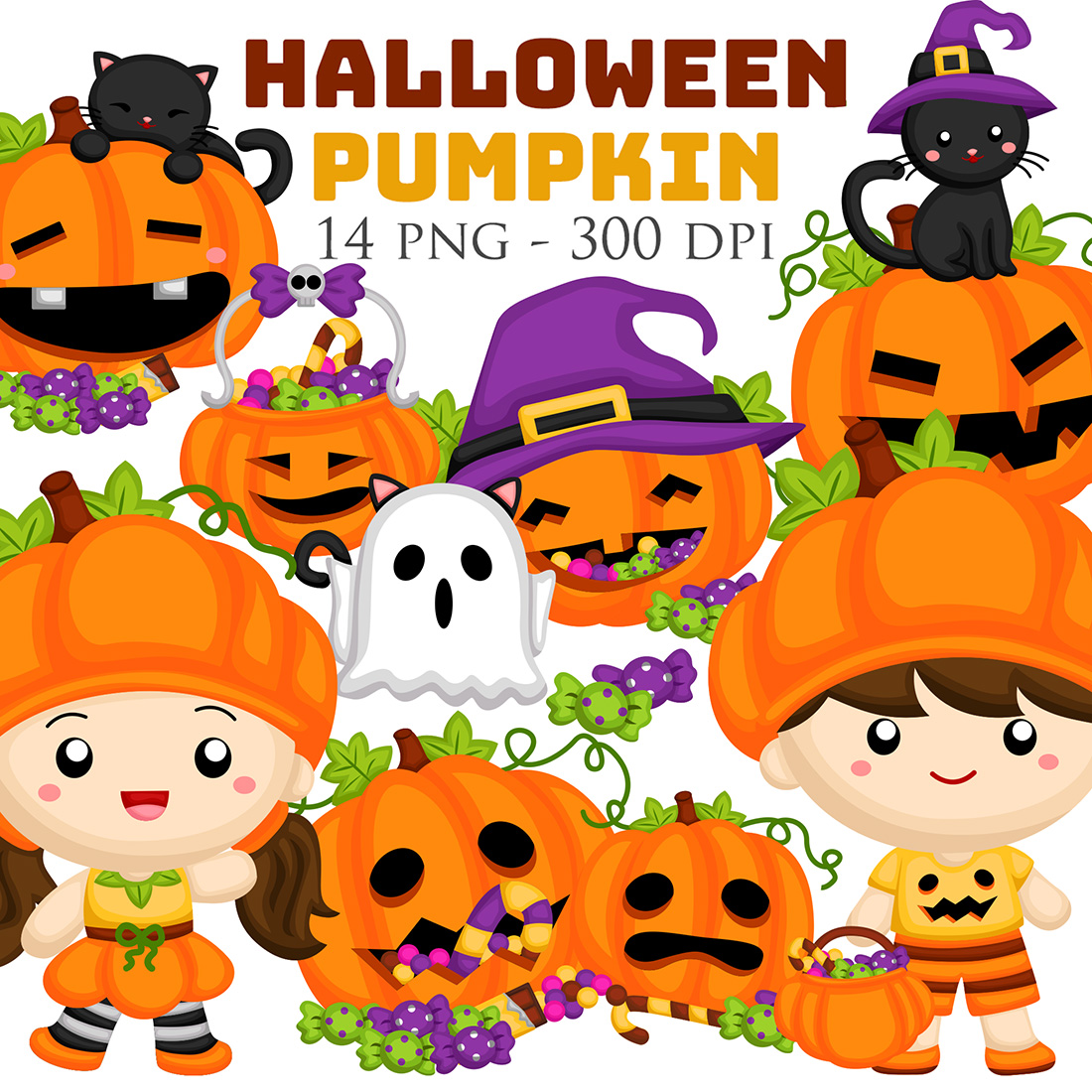 Cute Halloween Pumpkin Costume Character Kids Ornaments Accessories Party Celebration Cartoon Illustration Vector Clipart Sticker Decoration Background cover image.