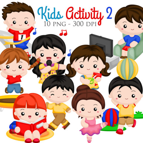 Cute Kids Activity Girl Boy Daily Routine Sport Reading Book Trampoline Playing Ball Crafting Music Singing Singer Watching Televisioon Relax Ballerina Ballet Drawing Learning Studying Study School Winner Champion Running Walking Cartoon Illustration Vector Clipart Sticker Decoration Background cover image.