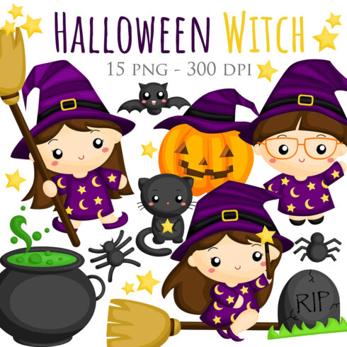 Cute Halloween Witch Girl Kids Costume Character Animal Cat Spider Bat Hot Pot Potion Ornaments Accessories Party Celebration Cartoon Illustration Vector Clipart Sticker Decoration Background cover image.