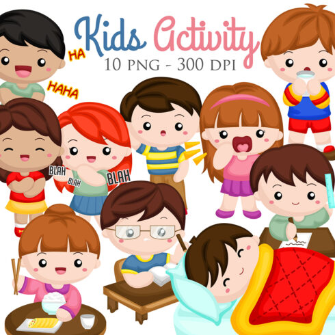 Cute Kids Activity Girl Boy Daily Routine Expression Laughing Happinnes Conversation Communication Talking Sleeping Calling Yelling Angry Crying Sad Upset Listening Studying Learning Writting Drawing Learning Drinking Eating School Cartoon Illustration Vector Clipart Sticker Background Decoration cover image.