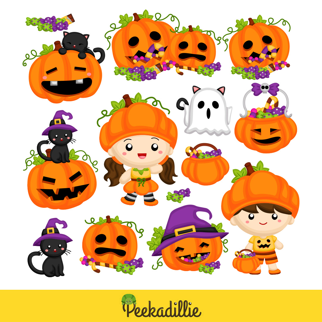 Cute Halloween Pumpkin Costume Character Kids Ornaments Accessories Party Celebration Cartoon Illustration Vector Clipart Sticker Decoration Background preview image.