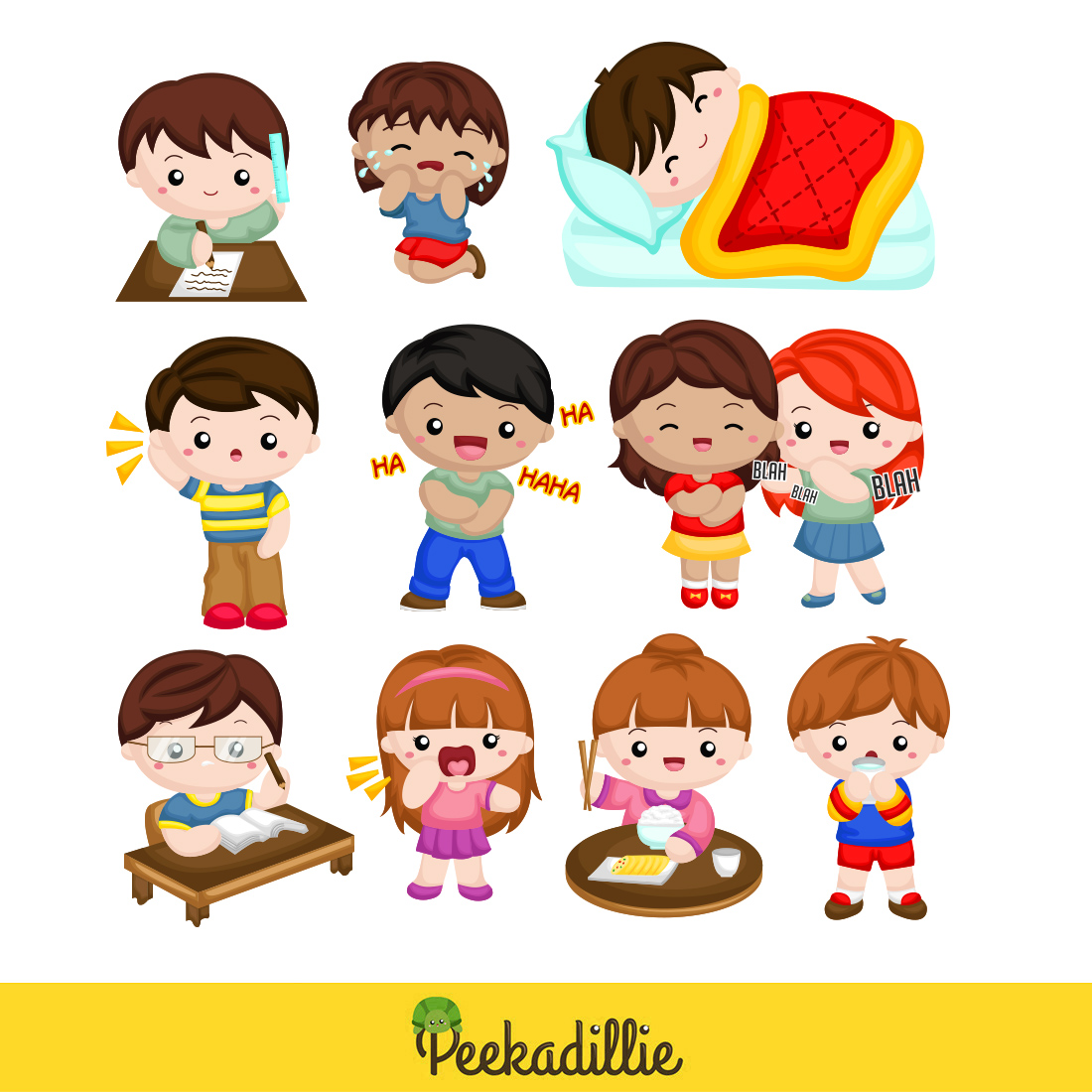 Cute Kids Activity Girl Boy Daily Routine Expression Laughing Happinnes Conversation Communication Talking Sleeping Calling Yelling Angry Crying Sad Upset Listening Studying Learning Writting Drawing Learning Drinking Eating School Cartoon Illustration Vector Clipart Sticker Background Decoration preview image.