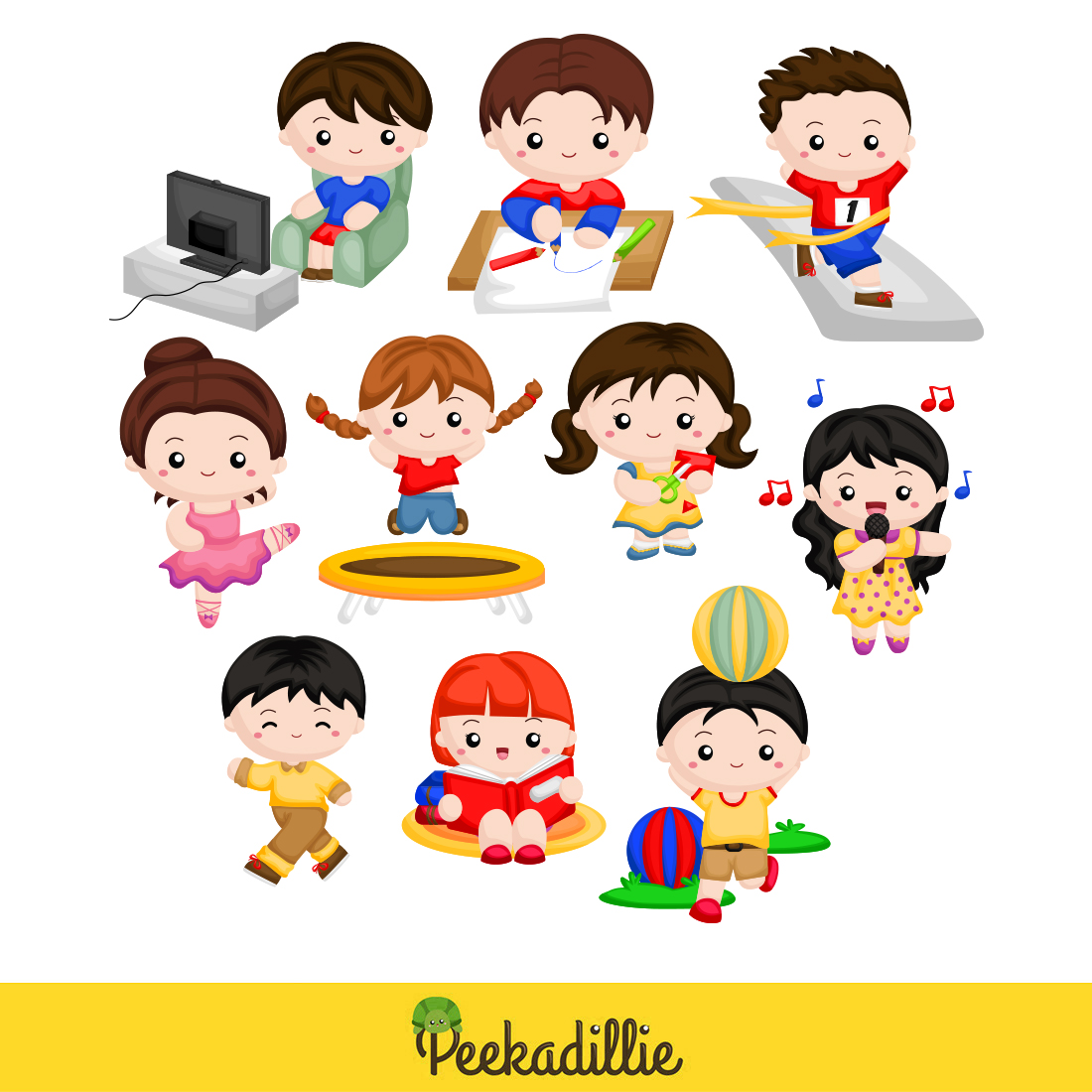 Cute Kids Activity Girl Boy Daily Routine Sport Reading Book Trampoline Playing Ball Crafting Music Singing Singer Watching Televisioon Relax Ballerina Ballet Drawing Learning Studying Study School Winner Champion Running Walking Cartoon Illustration Vector Clipart Sticker Decoration Background preview image.