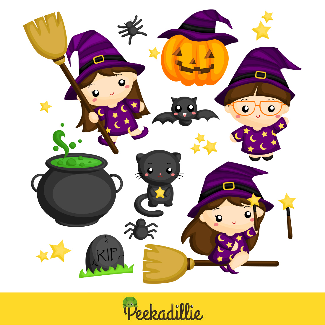 Cute Halloween Witch Girl Kids Costume Character Animal Cat Spider Bat Hot Pot Potion Ornaments Accessories Party Celebration Cartoon Illustration Vector Clipart Sticker Decoration Background preview image.