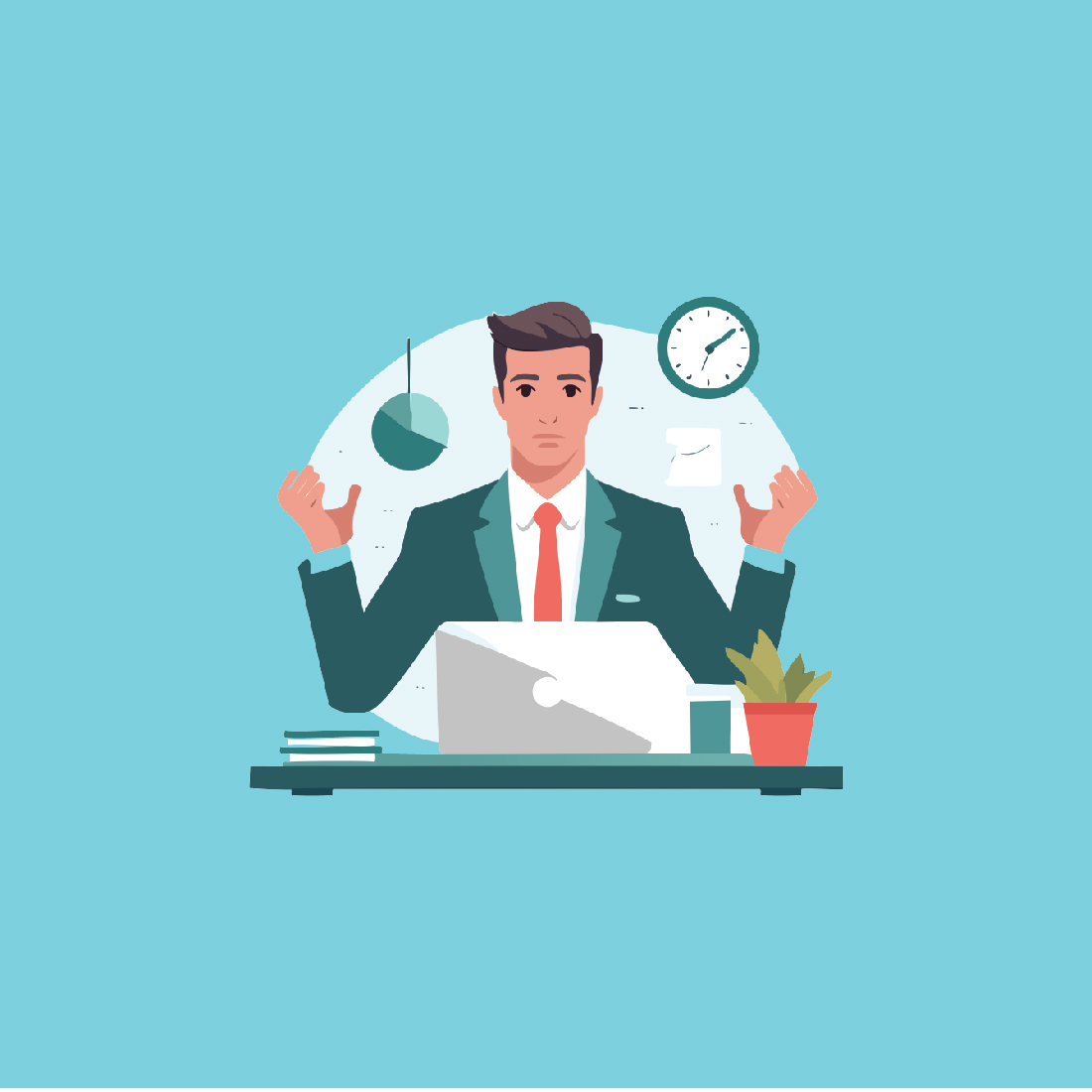 Minimalist Vector of Worried Businessperson at Desk with PC preview image.