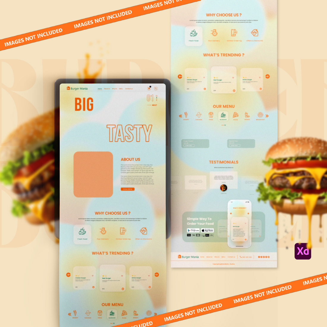 BURGER MANIA is a glassmorphism-inspired landing page UI Kit design crafted for burger enthusiasts preview image.