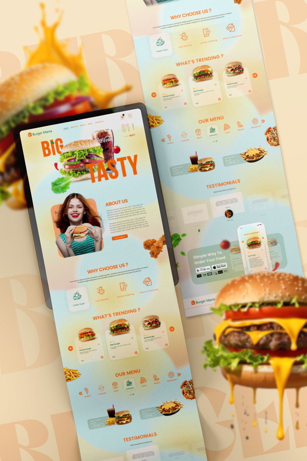 BURGER MANIA is a glassmorphism-inspired landing page UI Kit design crafted for burger enthusiasts pinterest preview image.