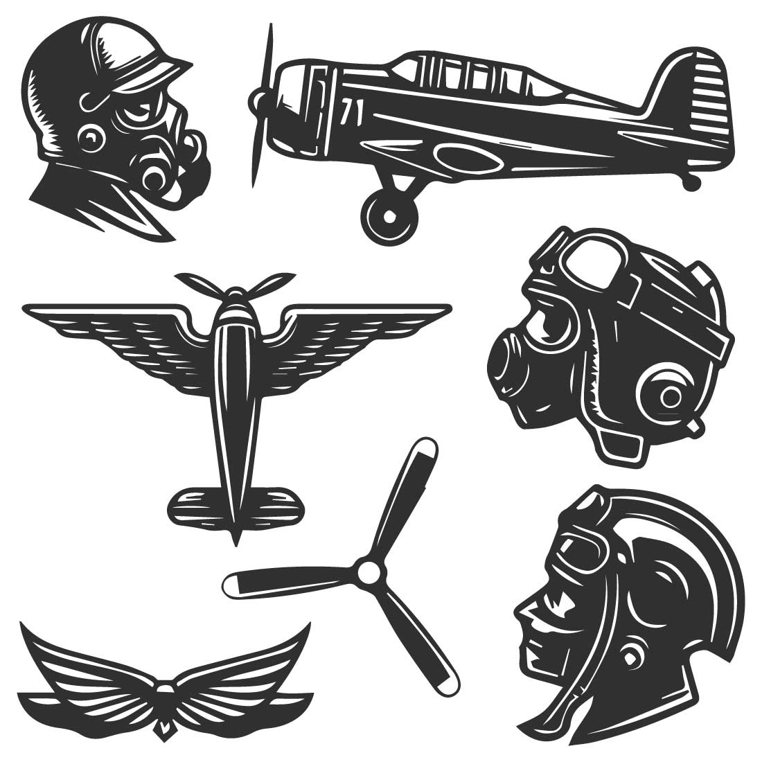 A collection of aviation-themed black and white bold line art and silhouette design preview image.