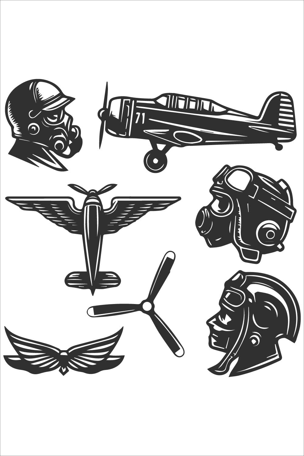 A collection of aviation-themed black and white bold line art and silhouette design pinterest preview image.