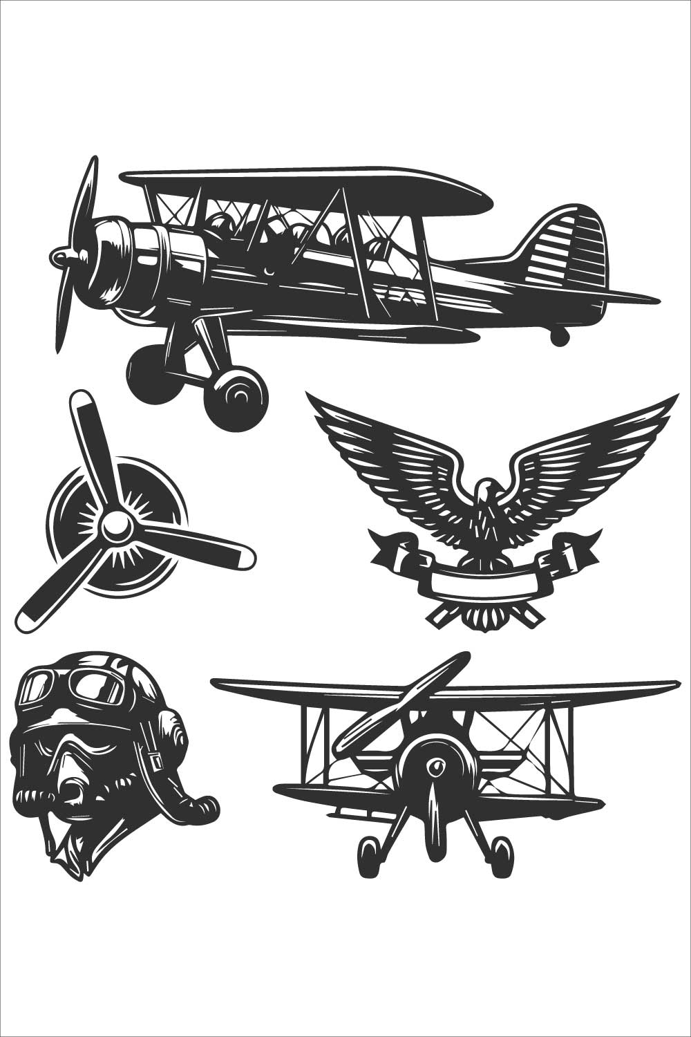 A collection of aviation-themed black and white bold line art and silhouette design, featuring vintage and modern airplanes, pilot helmets, propellers front view, and wings insignia, very design full body, on white background pinterest preview image.