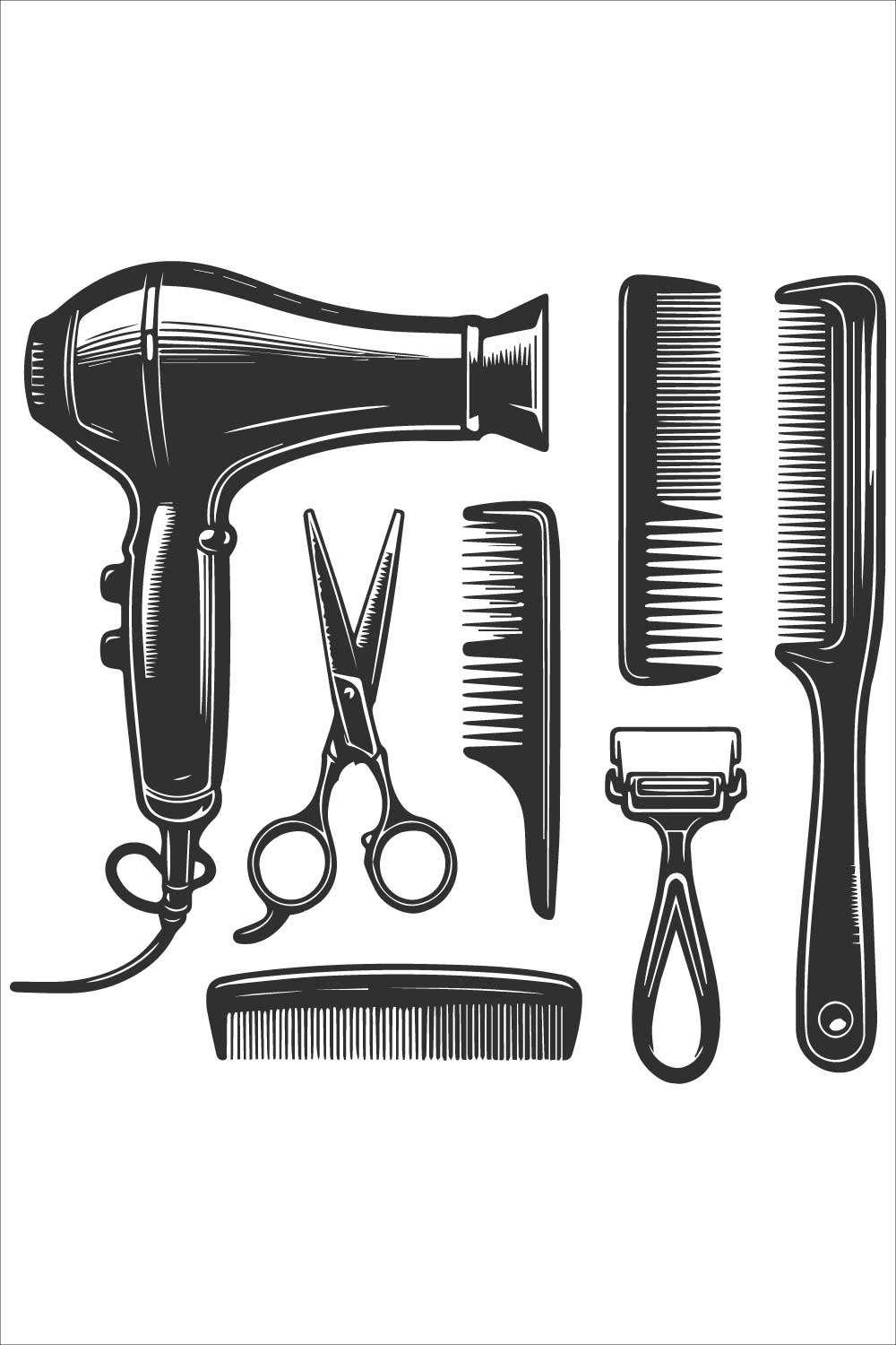 A set of barber tools arranged on a white background pinterest preview image.