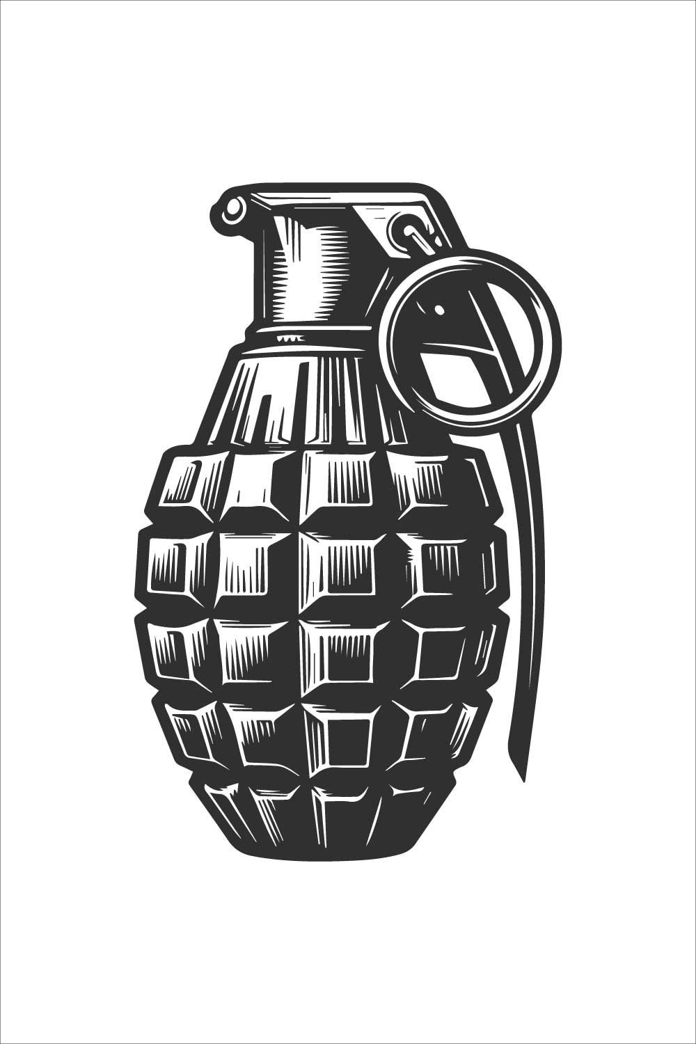 Black and white bold line art of a hand grenade pinterest preview image.