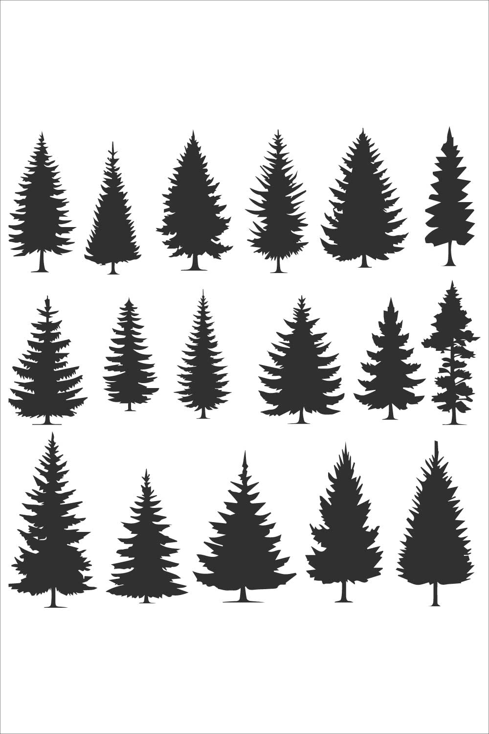 A collection of silhouettes of Pine trees pinterest preview image.