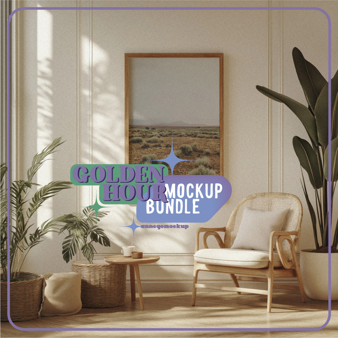 Golden Hour Mockup Bundle | Warm, Cozy Interiors | High-Resolution PSD & JPG preview image.