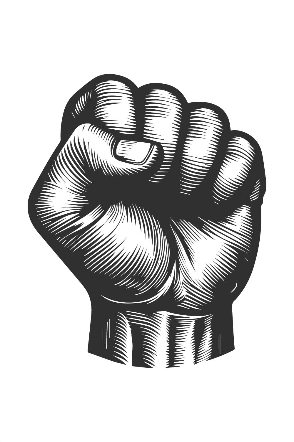 Bold line art design of a fist on a white background pinterest preview image.