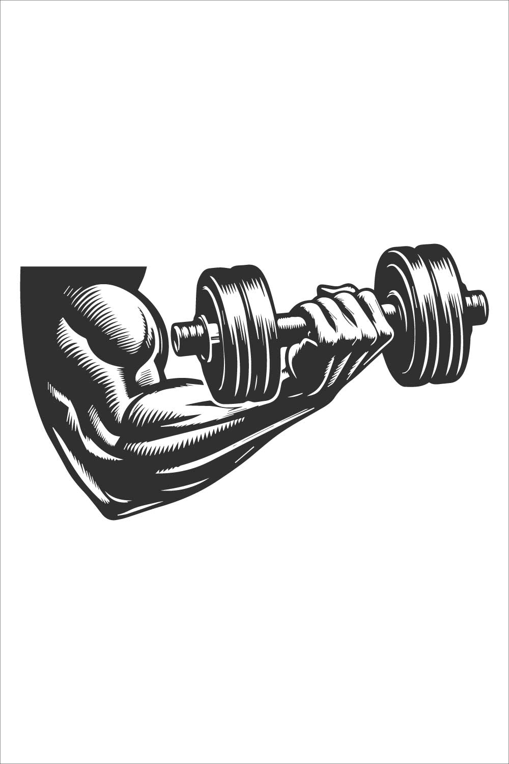 Close-up of a muscular arm lifting a dumbbell bold line art and silhouette design on a white background pinterest preview image.