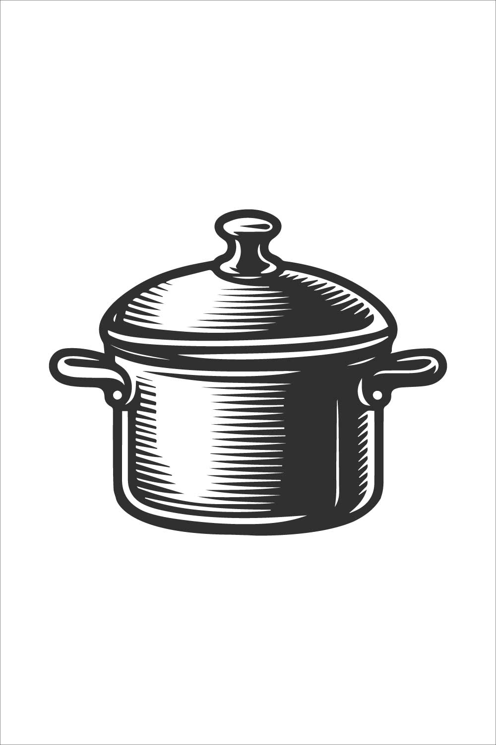 Bold line art and silhouette design of a cooking pot isolated on a white background pinterest preview image.