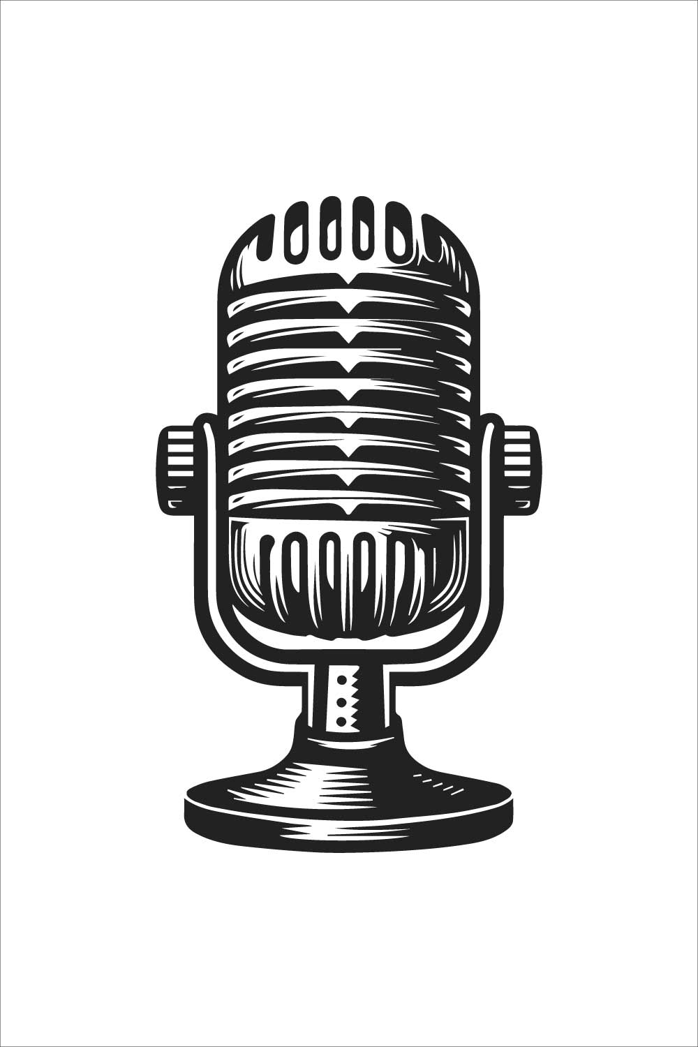 Bold line art and silhouette design of a vintage microphone include long stand on a white background Features: pinterest preview image.