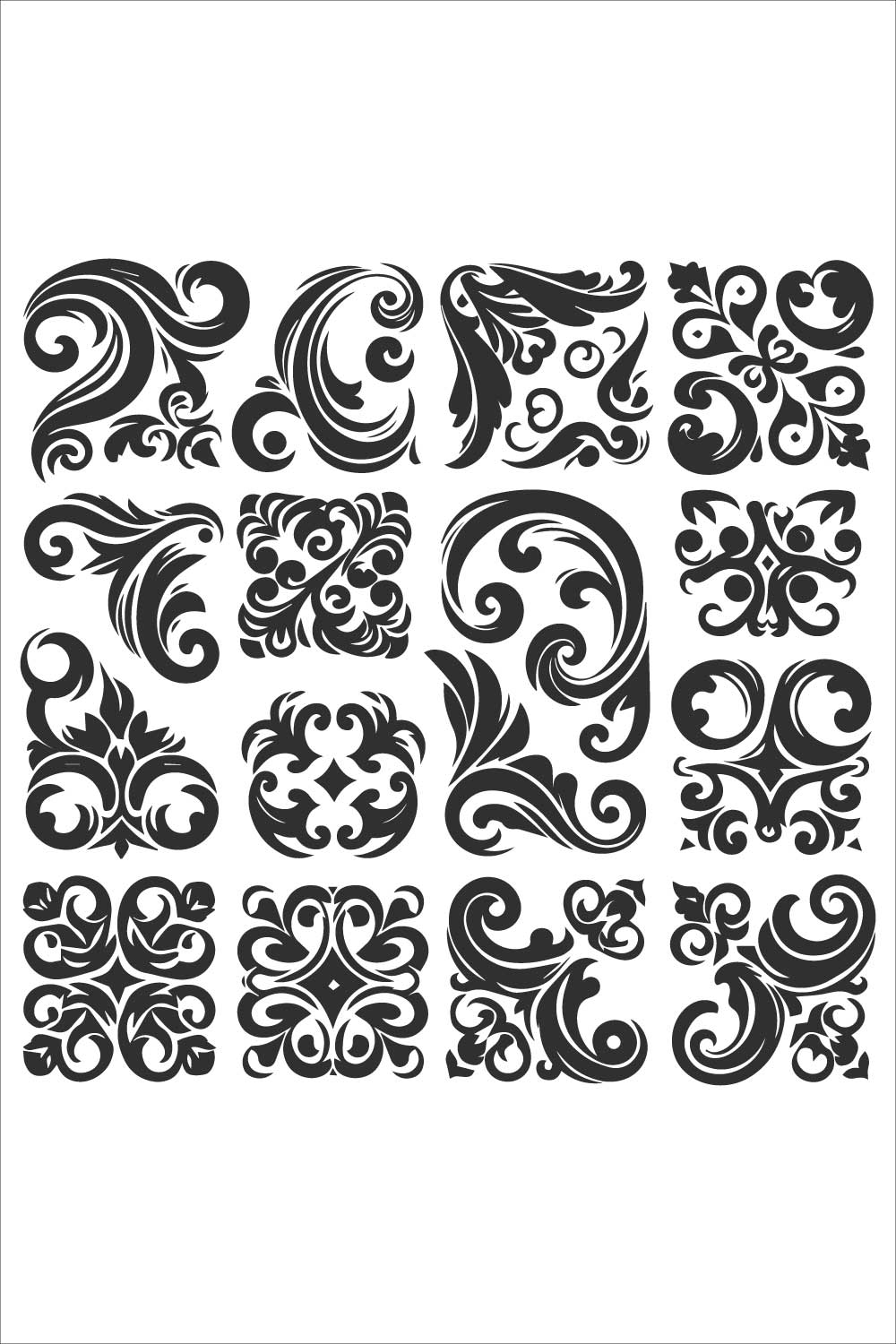 A set of silhouette decorative corner designs in an elegant, swirling ornamental style on a white background pinterest preview image.