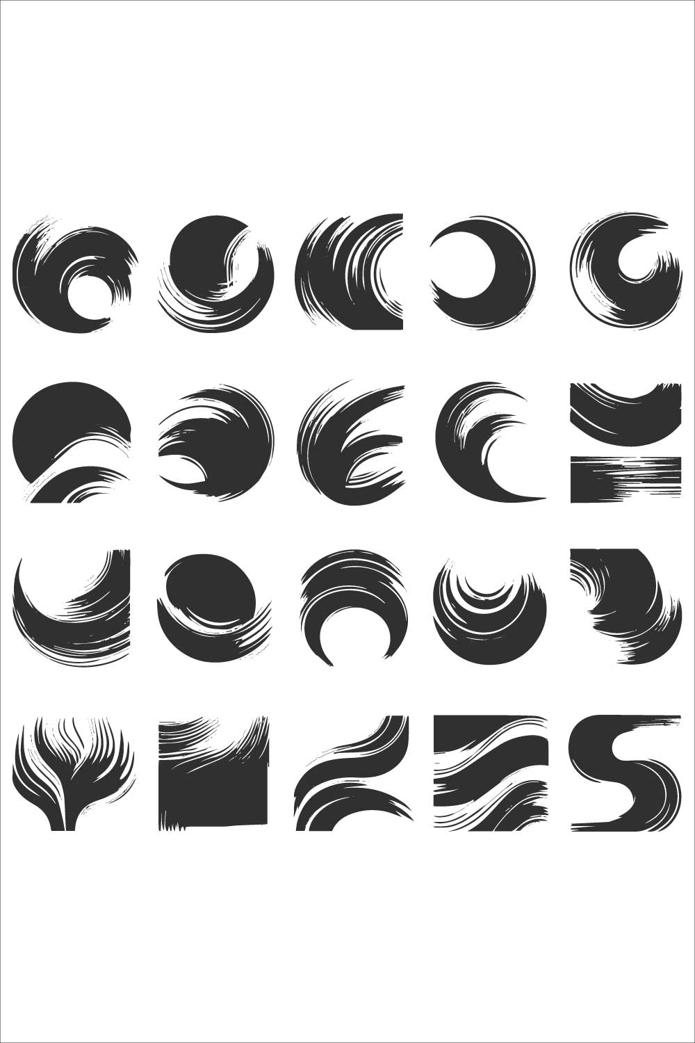 A collection of black ink brushstroke designs in various shapes and styles, arranged in a grid on a white background pinterest preview image.