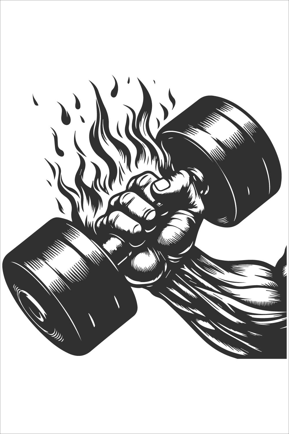 Bold line and silhouette design of a hand gripping a flaming dumbbell, detailed muscles and flame on a white background pinterest preview image.