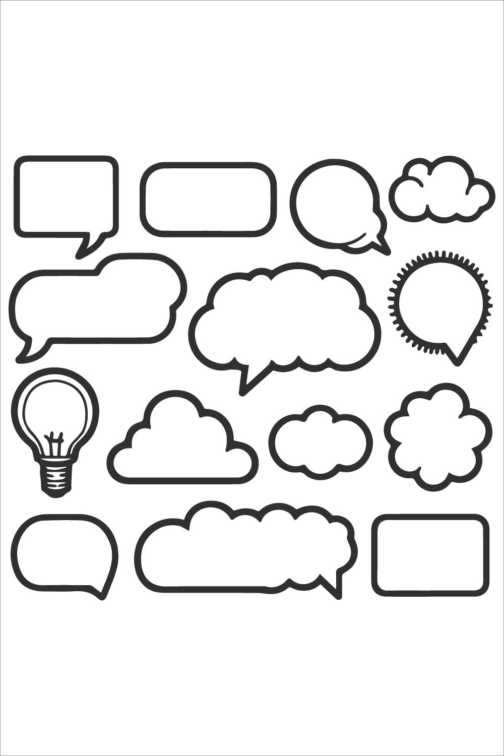 Bold line art of different blank speech and thought bubbles black outline on a white background pinterest preview image.