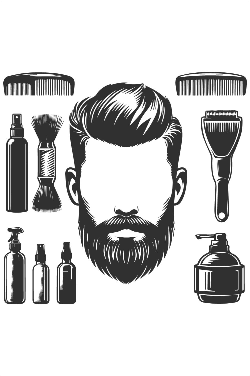 Bold line art and silhouette design of a barbershop illustration of a man with a styled beard and slicked-back hair on clean white background pinterest preview image.