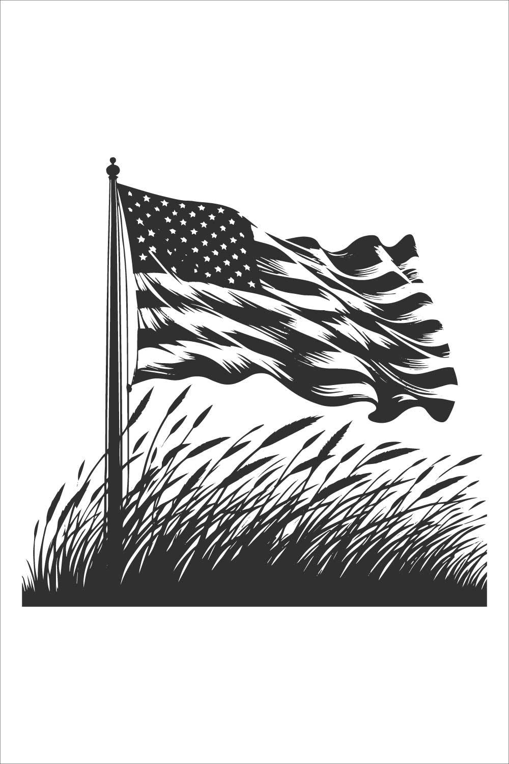 Black and white illustration of an American flag waving on a pole, isolated on a white background pinterest preview image.