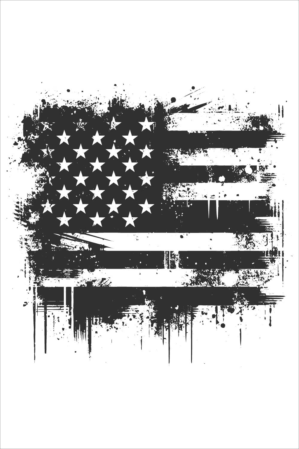 Black and white American flag with distressed grunge texture on a white background pinterest preview image.