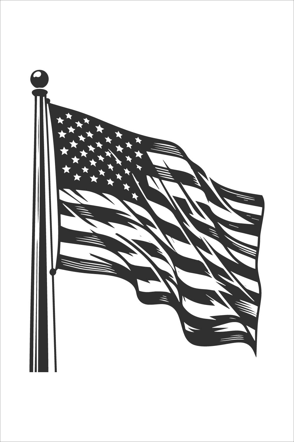 Black and white illustration of an American flag waving on a pole, isolated on a white background pinterest preview image.