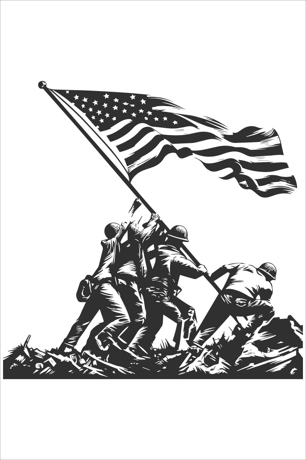 Black and white illustration of soldiers raising the American flag on a hill, bold and detailed lines illustration on a white background pinterest preview image.