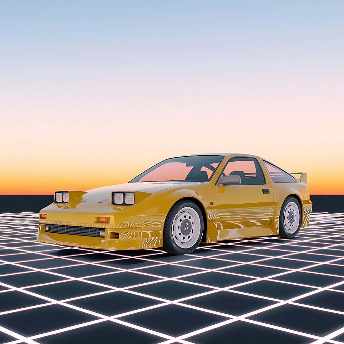 aesthetic 90s car on neon laser gridlines with sunset horizon preview image 1 482