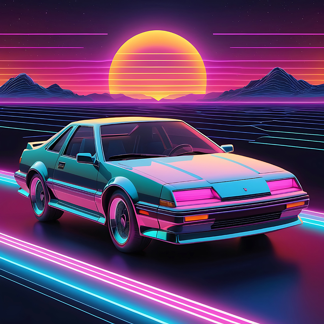 60+ Aesthetic 90s Car on Neon Laser Gridlines with Sunset Horizon cover image.