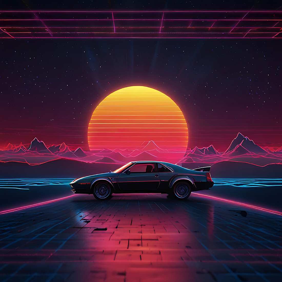 aesthetic 90s car on neon laser gridlines with sunset horizon preview image 4 556