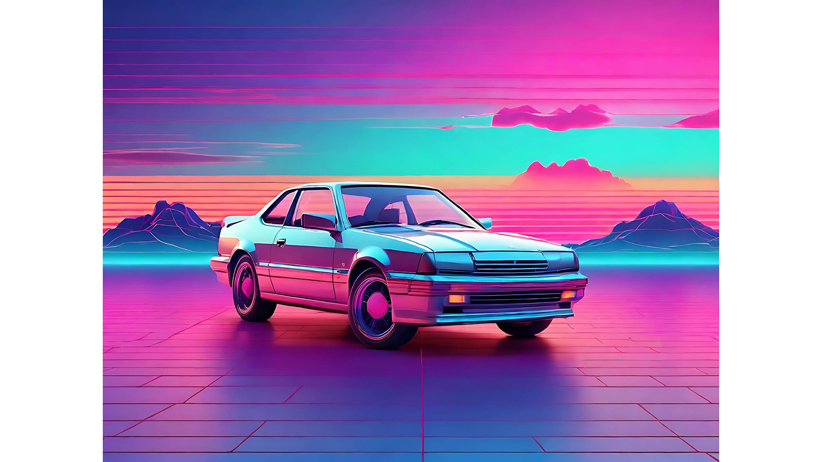 aesthetic 90s car on neon laser gridlines with sunset horizon preview image 5 01 47