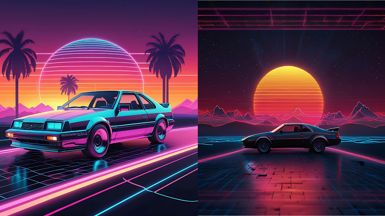 aesthetic 90s car on neon laser gridlines with sunset horizon preview image 6 01 01 701