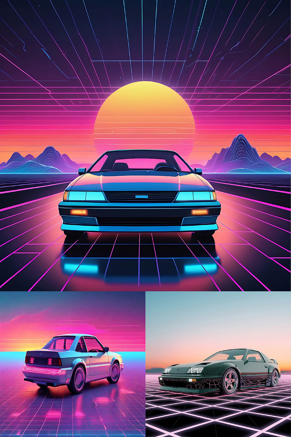 60+ Aesthetic 90s Car on Neon Laser Gridlines with Sunset Horizon pinterest preview image.